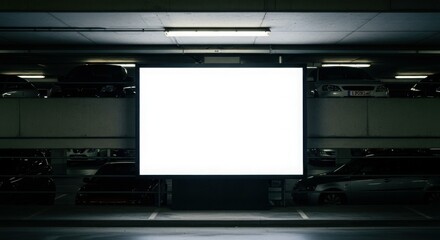 Obraz premium A large, blank screen stands in a dimly lit parking garage, surrounded by parked cars.