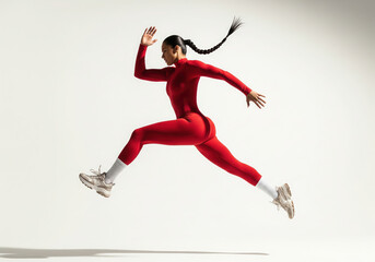 Studio fashion a powerful athletic fitness woman, captured in side profile. Athletic girl. Full bodysuit with white athletic socks and chunky sneakers. Braided ponytail arcs motion. Legs are extended 
