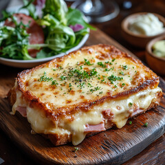 A golden, crispy croque monsieur sandwich with salad