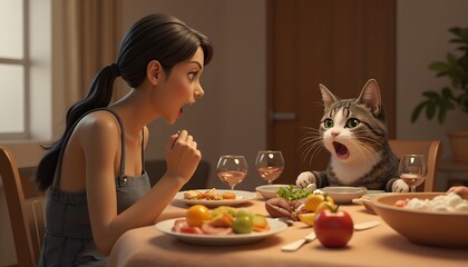 Woman and Cat at Dinner Table