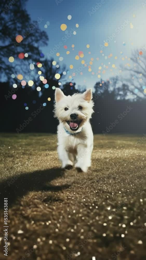 Aufkleber low-angle shot of a joyful dog running on grass with colorful bokeh lights, creating a whimsical, pl