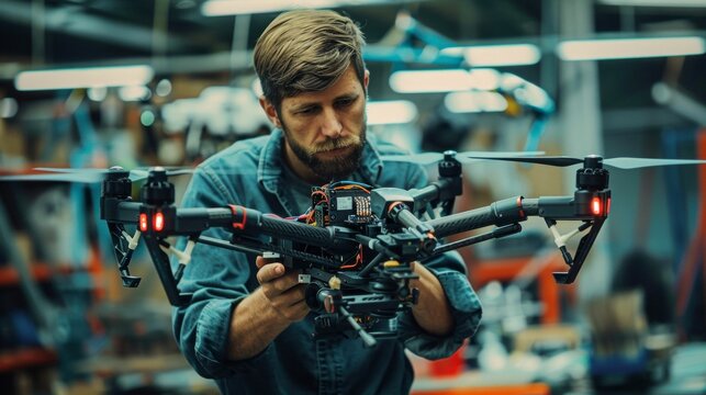 Focused Technician Inspecting Drone with Precision in Workshop, Modern Technology and Innovation Concept