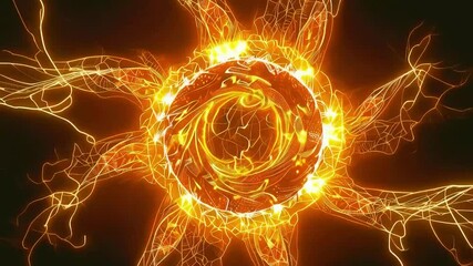 Glowing orange sphere surrounded by lightning-like tendrils, against a dark background - Powered by Adobe