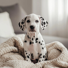an adorable dalmatian puppy in bed