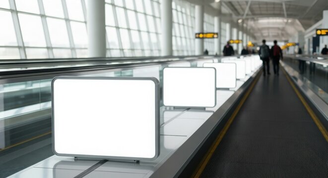 Blank advertising billboards line a moving walkway in an airport terminal, with blurred figures walking in the background.