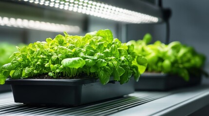 A close-up view of flourishing green plants sitting under artificial grow lights, symbolizing growth and sustainability in an indoor gardening environment for health enthusiasts.