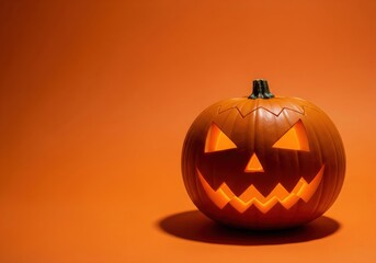 Single jacklantern on a clean orange background, dramatic shadow, lots of empty negative space for text, minimalist horror style, editorial use. High quality photo