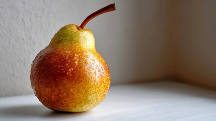 Ripe Pear with Speckled Skin on a White Surface