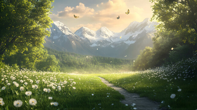 Fototapeta A serene pathway lined with dandelions leading towards majestic snow-capped mountains under a bright, sunny sky.