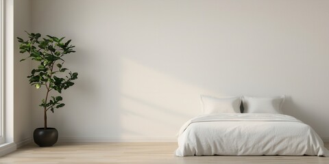 Fototapeta premium Mental wellness with sleep and balance idea. Minimalist bedroom with a potted plant and natural light.