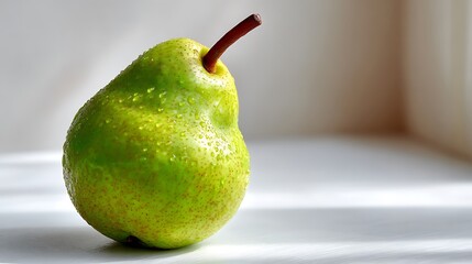 A single green pear with a brown stem, resting on a white surface.