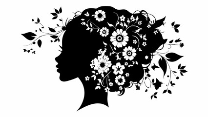 Silhouette of a woman with flowers and leaves in her hair in a black and white vector image art piece | eps vectors