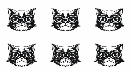 Six black and white cat faces with glasses arranged in two rows on a white background design art | eps vectors silhouette