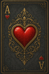 Ornate playing card, Ace of Hearts, ornate design, dark gray background, textured with subtle cracks, gold decorative elements, glossy red heart