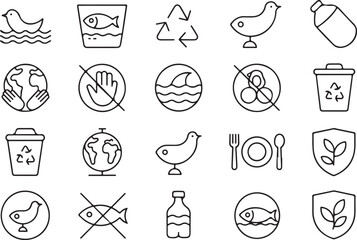 Fototapeta premium Ocean Conservation Icon Set Eco Art Minimalist Fish and Bottle Design Marine Protection Illustration