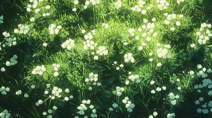 Fototapeta premium A lush field of delicate white flowers interspersed with green foliage under bright sunlight