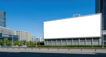 Obraz premium Blank billboard on a city street, modern buildings in the background.