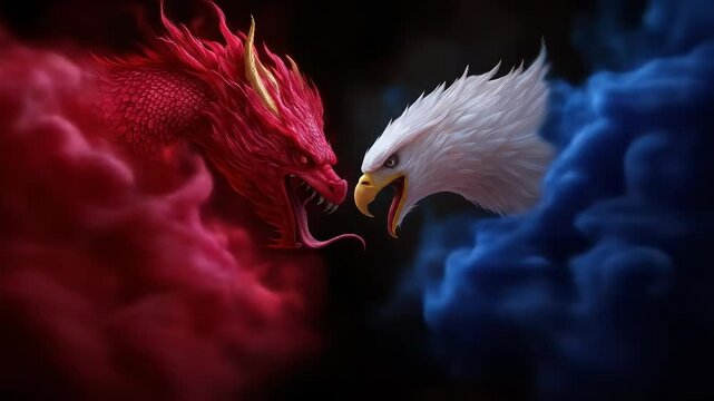 Chinese dragon and an American eagle attacking each other, representing the trade war between China and the U.S