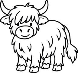 Highland cow cartoon outline design on transparent background