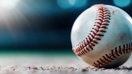 A close-up view of a baseball resting on a field, illuminated by dramatic lighting, highlighting the sport's essence, nostalgia, and spirit of teamwork and excitement.