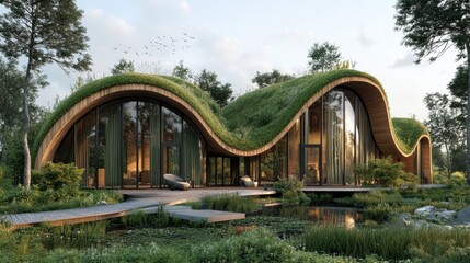 Fototapeta premium Modern Eco-Friendly House with Green Roof Design Surrounded by Lush Nature and Calm Water Body