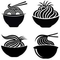 Four Black and White Bowls with Stylized Noodles and Chopsticks Illustration Set