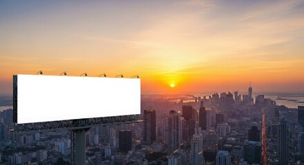 Blank billboard overlooking a cityscape at sunrise.