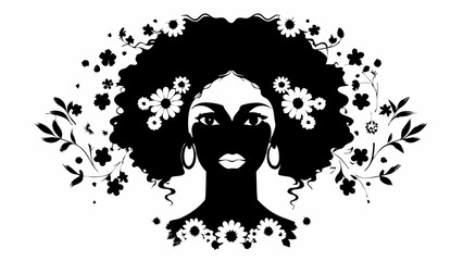 Silhouette of a woman with afro surrounded by flowers and leaves in black and white illustration | eps vectors