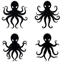Four Black Octopus Illustrations with Different Tentacle Poses on a White Background