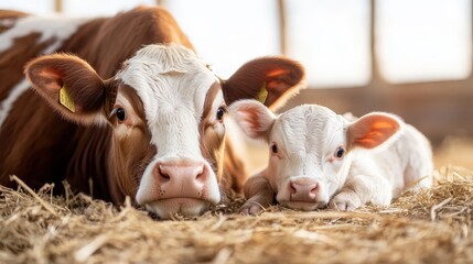 A heartwarming scene of a cow and her calf resting together in a cozy barn, symbolizing nurturing, love, and connection in a tranquil farm environment.