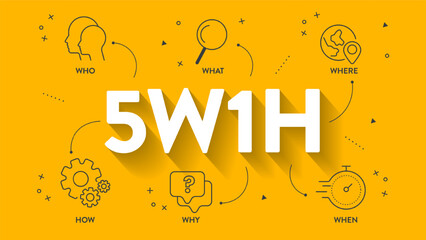 5w1h analysis diagram vector is cause and effect flowcharts, it helps to find effective solutions for problems or for structuring organization, has 6 steps such as who, what, when, where, why and how.