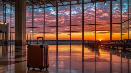 Luggage in airport terminal with sunset view through large windows.