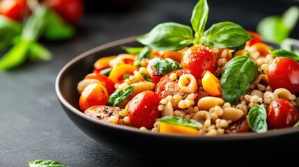 A vibrant and fresh pasta salad filled with tomatoes, herbs, and vegetables presents a deliciously enticing image, perfect for culinary inspiration or healthy meals.
