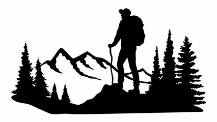 Silhouette of a hiker with backpack and walking stick on a mountain top surrounded by pine trees view landscape | eps vectors