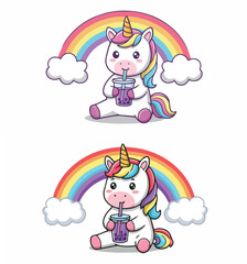 Cute Unicorn Cartoon Drinking Boba Milk Tea with Rainbow

