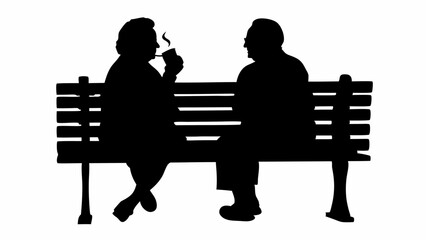 Silhouette of two people sitting on a bench one holding a cup with smoke in a black and white image | eps vectors
