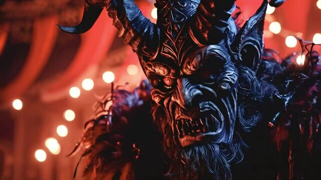 Krampus face close-up, detailed mask with horns and red eyes