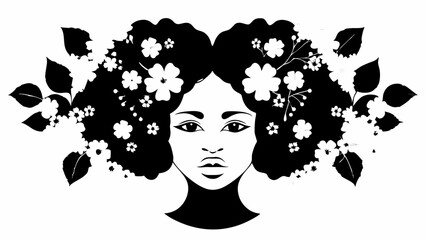 Illustration of a woman with floral afro hairstyle in black and white elegant and artistic design style | eps vectors silhouette
