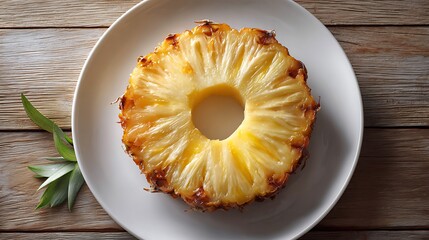 Sliced Pineapple Ring on a White Plate, Set Against a Wooden Background