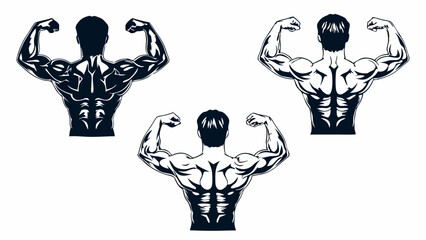 Three illustrations of muscular male figures posing with their backs turned to the viewer and flexing | eps vectors silhouette