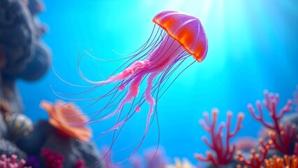 A glowing orange and pink jellyfish floats gracefully above colorful coral reefs in a surreal, vibrant underwater world. Perfect digital art for ocean, nature, or fantasy themes.