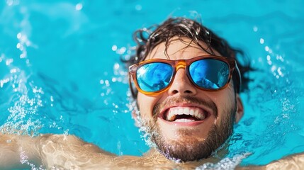 Naklejka premium A happy young man smiling in the pool while wearing stylish sunglasses, radiating joy and relaxation amidst clear blue water on a sunny day during a summer retreat.