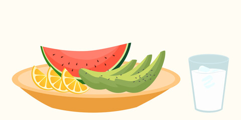 Still life with healthy food such as snacks, summer fruits, glass of milk. Composition with meals and healthy drinks isolated on white background.