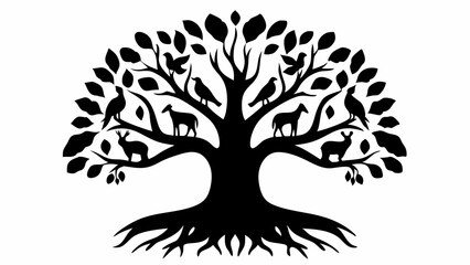 Silhouette of a tree with animals and birds perched on its branches and leaves in a black and white design | eps vectors