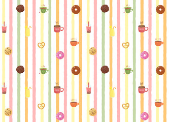 colorful cute stripes background with food and drink, seamless pattern.