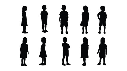 Silhouettes of Children Standing and Playing in Various Poses on White Background
