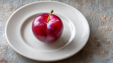 A single ripe plum placed on a white plate against a textured background