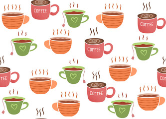 Seamless pattern with flying hot cups of coffee and tea. Cute colorful tea cups with steam vector background.