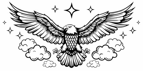 Illustration of an eagle with outstretched wings surrounded by clouds and stars design element | eps vectors silhouette