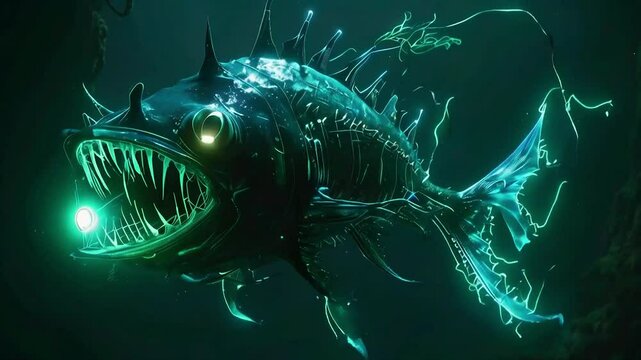 Luminous anglerfish in dark water, sharp teeth, bioluminescent glow, intimidating